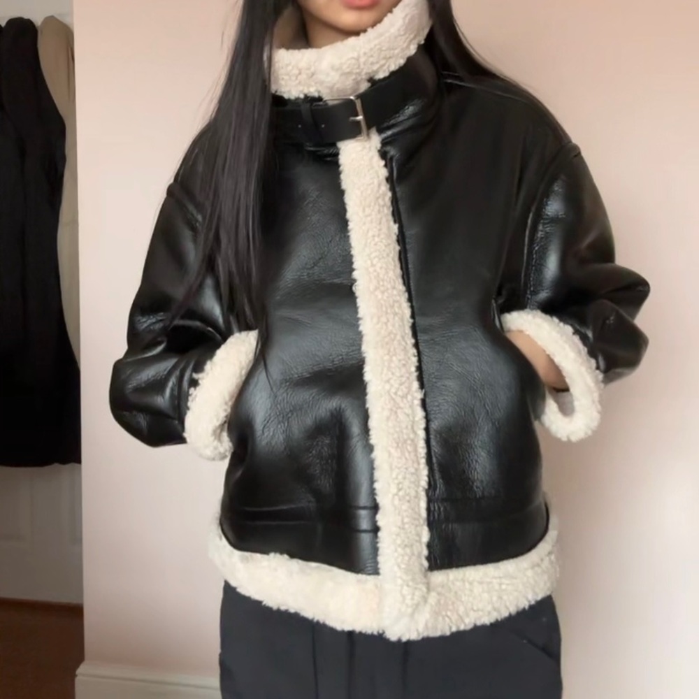 Black leather cropped jacket with sherpa lining